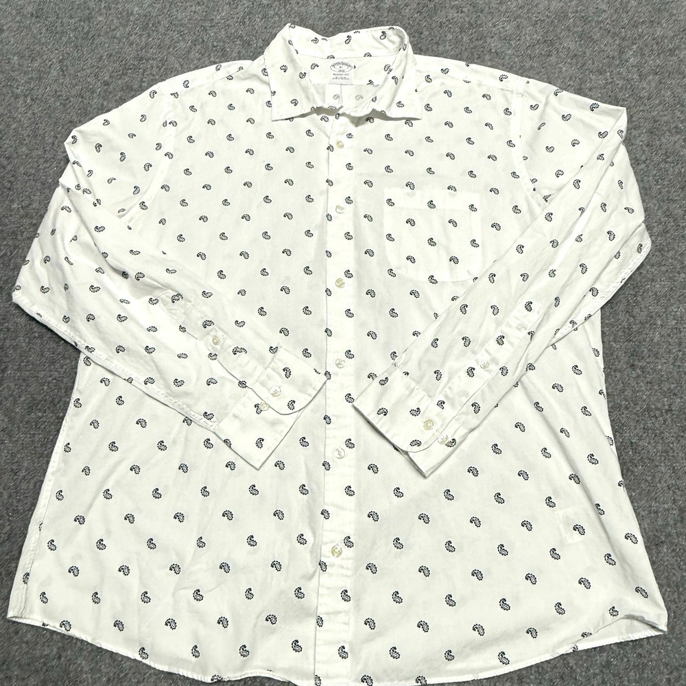 Brooks Brothers Shirt Mens XL White Black Paisley Cotton Regent Fit Long Sleeve
